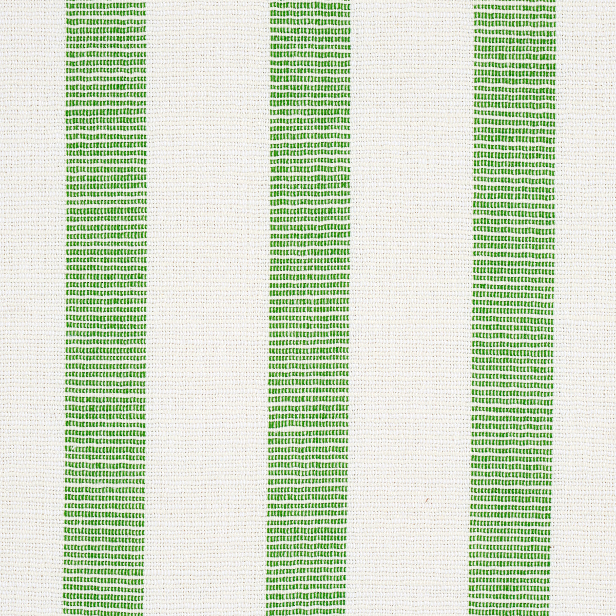 Off-white woven fabric with bold vertical green stripes and subtle textured weave.