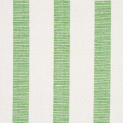 Off-white woven fabric with bold vertical green stripes and subtle textured weave.