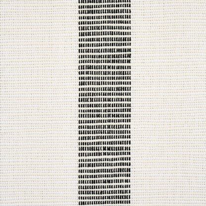 Cream woven fabric with a narrow black vertical stripe; textured textile for upholstery or decor.