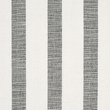 Cream woven fabric with tall vertical black dotted stripes, modern stripe pattern for upholstery or curtains.