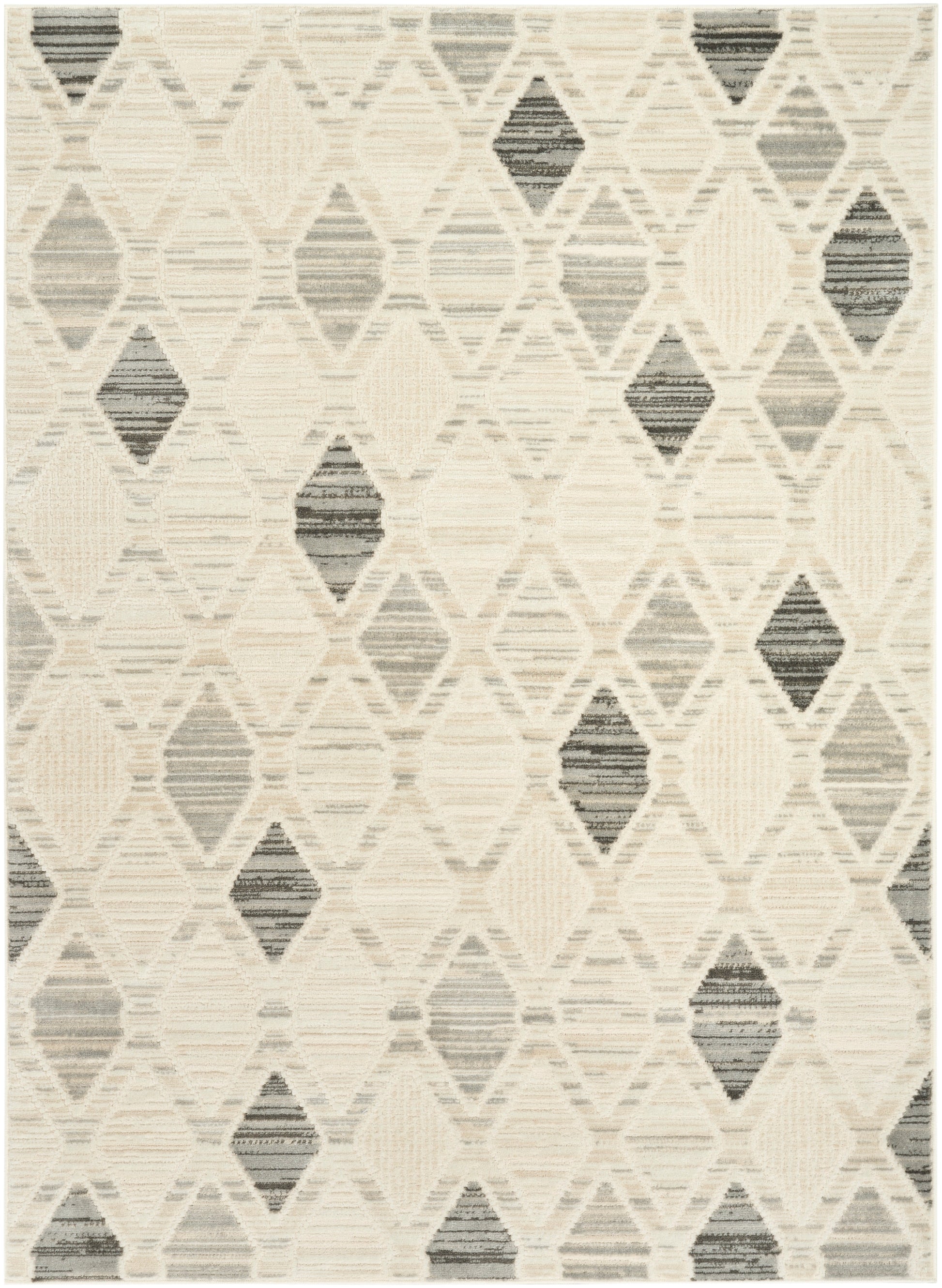 Neutral geometric rug with cream and gray diamonds in a striped flat-weave pattern.