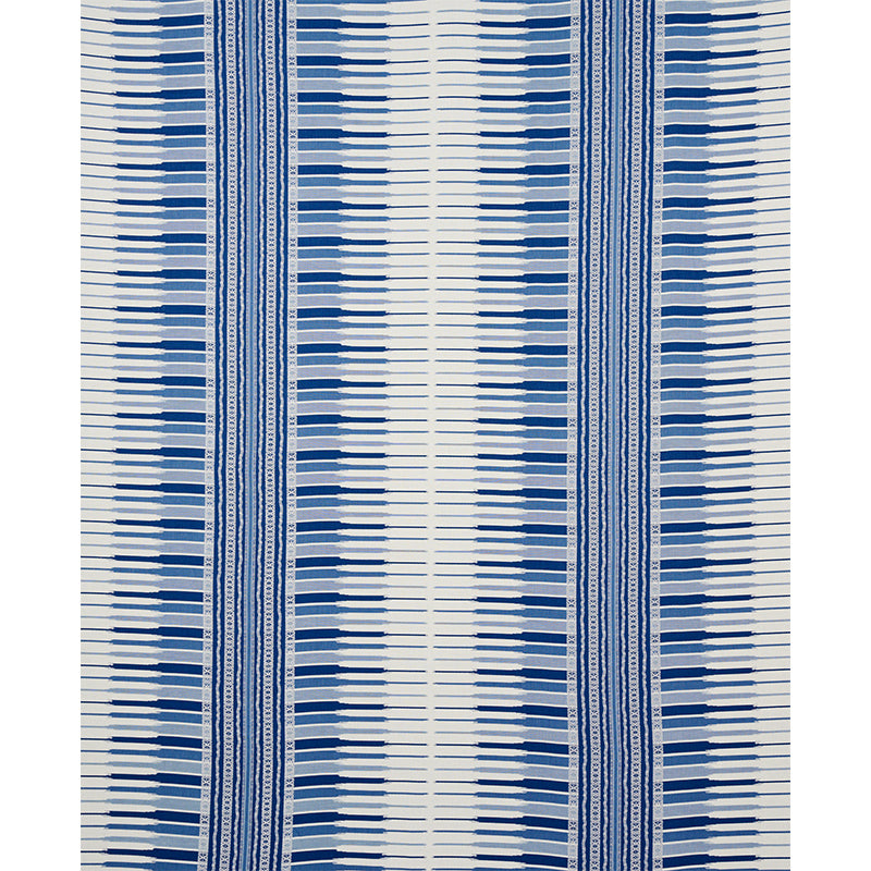 Blue and white striped fabric with alternating narrow and wide vertical bands; modern textile pattern.
