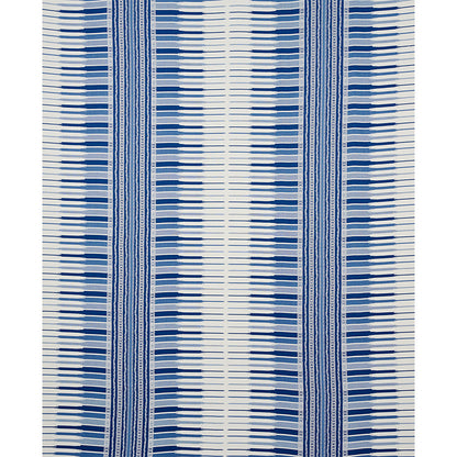 Blue and white striped fabric with alternating narrow and wide vertical bands; modern textile pattern.