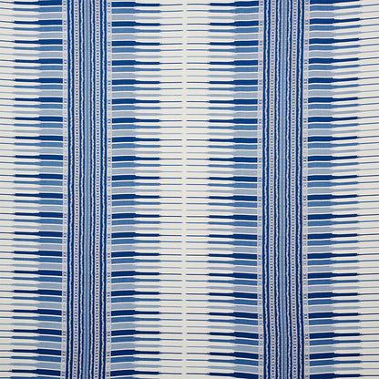 Blue and white striped fabric featuring vertical panels with intricate borders and repeating geometric motifs.