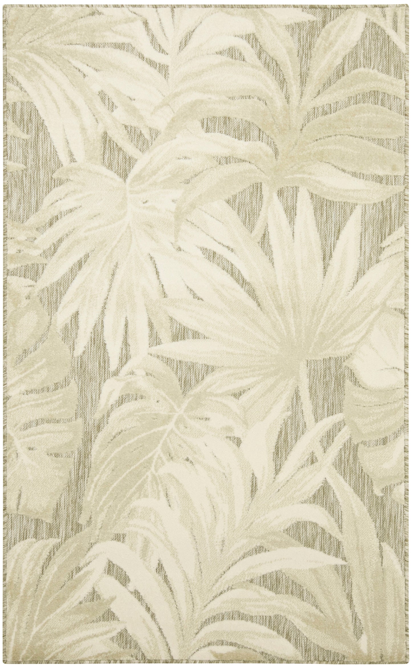 Cream-beige palm leaf rug; woven botanical pattern in neutral tones, rectangular area rug.