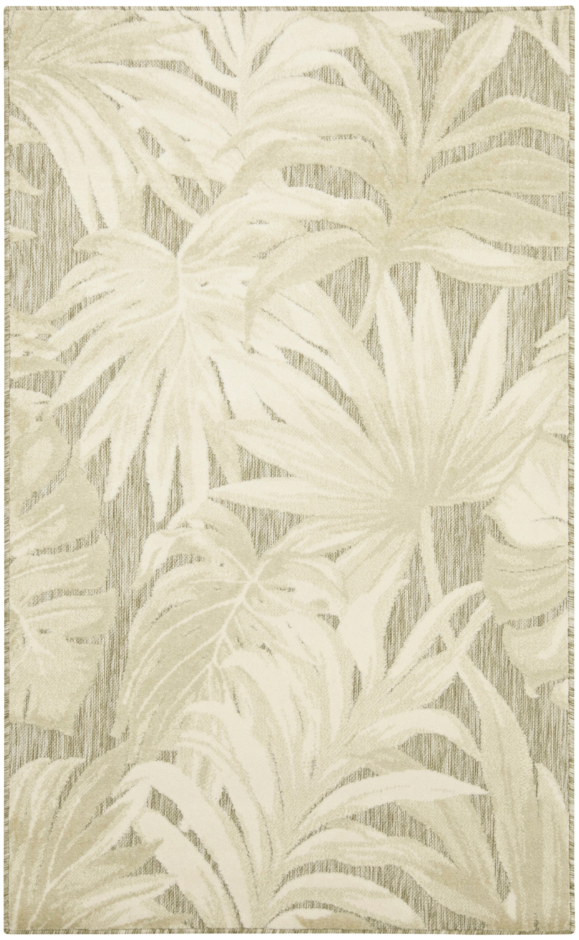 Cream-beige palm leaf rug; woven botanical pattern in neutral tones, rectangular area rug.
