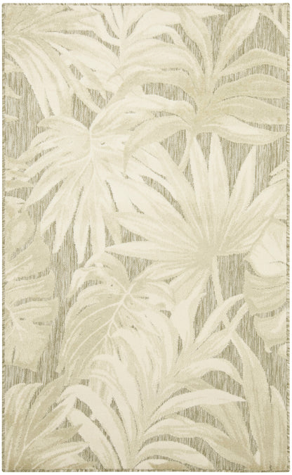 Cream-beige palm leaf rug; woven botanical pattern in neutral tones, rectangular area rug.