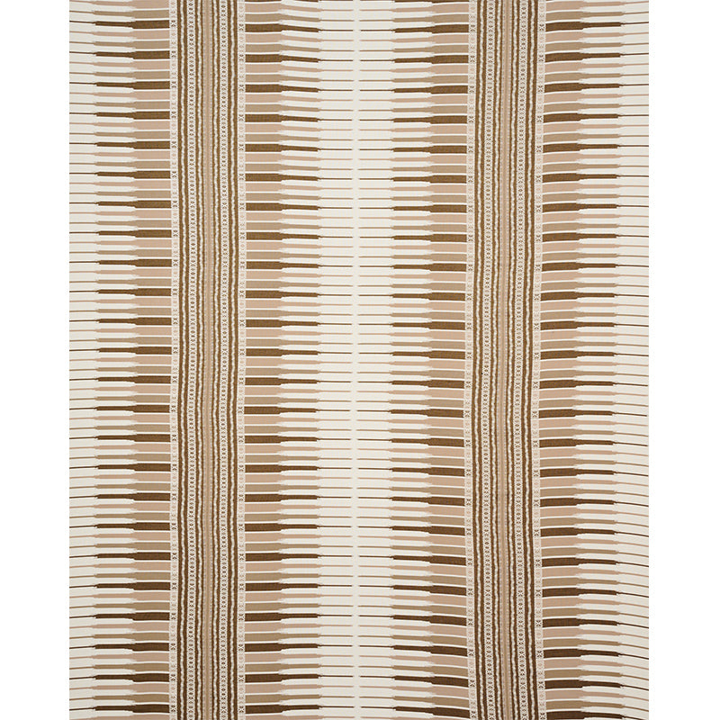 Beige and brown woven rug with bold vertical stripe pattern and subtle geometric borders.