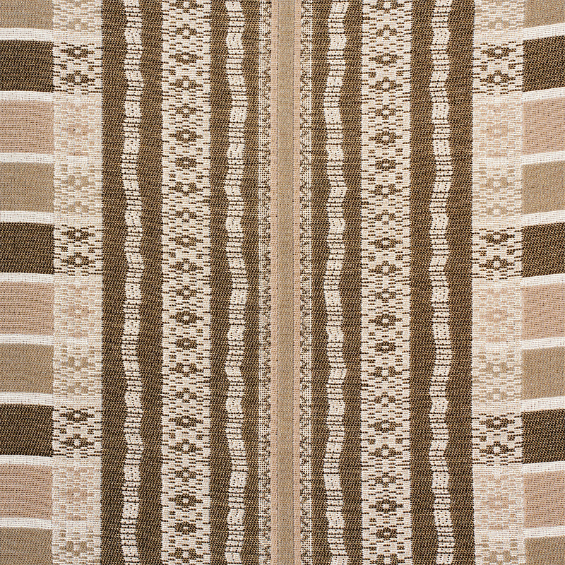 Beige and brown striped woven rug with repeating geometric diamonds and squares in vertical bands.