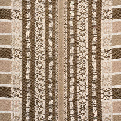 Beige and brown striped woven rug with repeating geometric diamonds and squares in vertical bands.