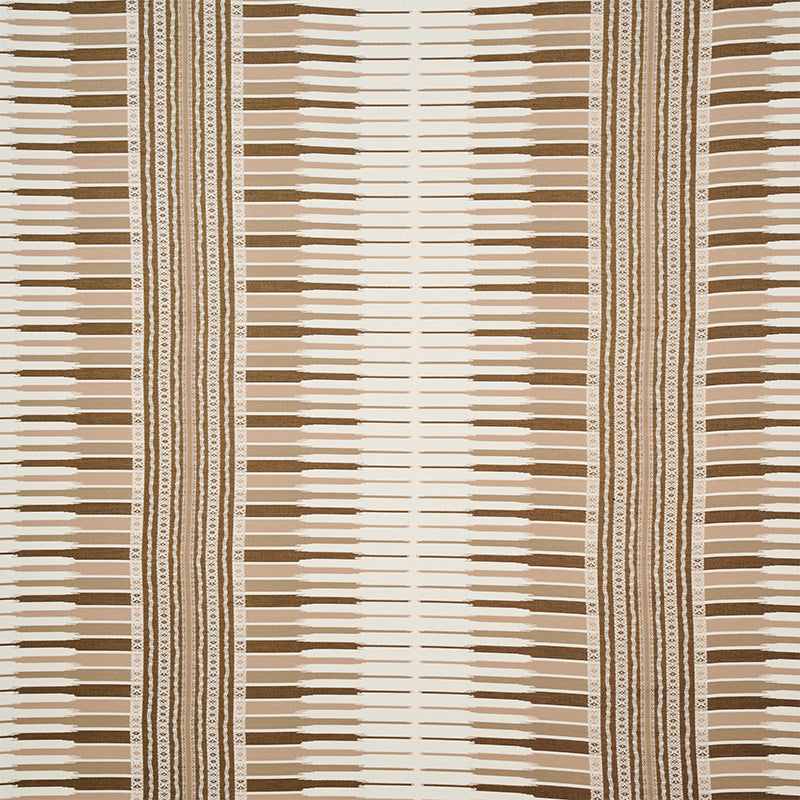 Brown and beige striped woven rug with decorative narrow borders; rustic boho-inspired pattern.
