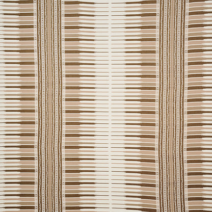 Brown and beige striped woven rug with decorative narrow borders; rustic boho-inspired pattern.