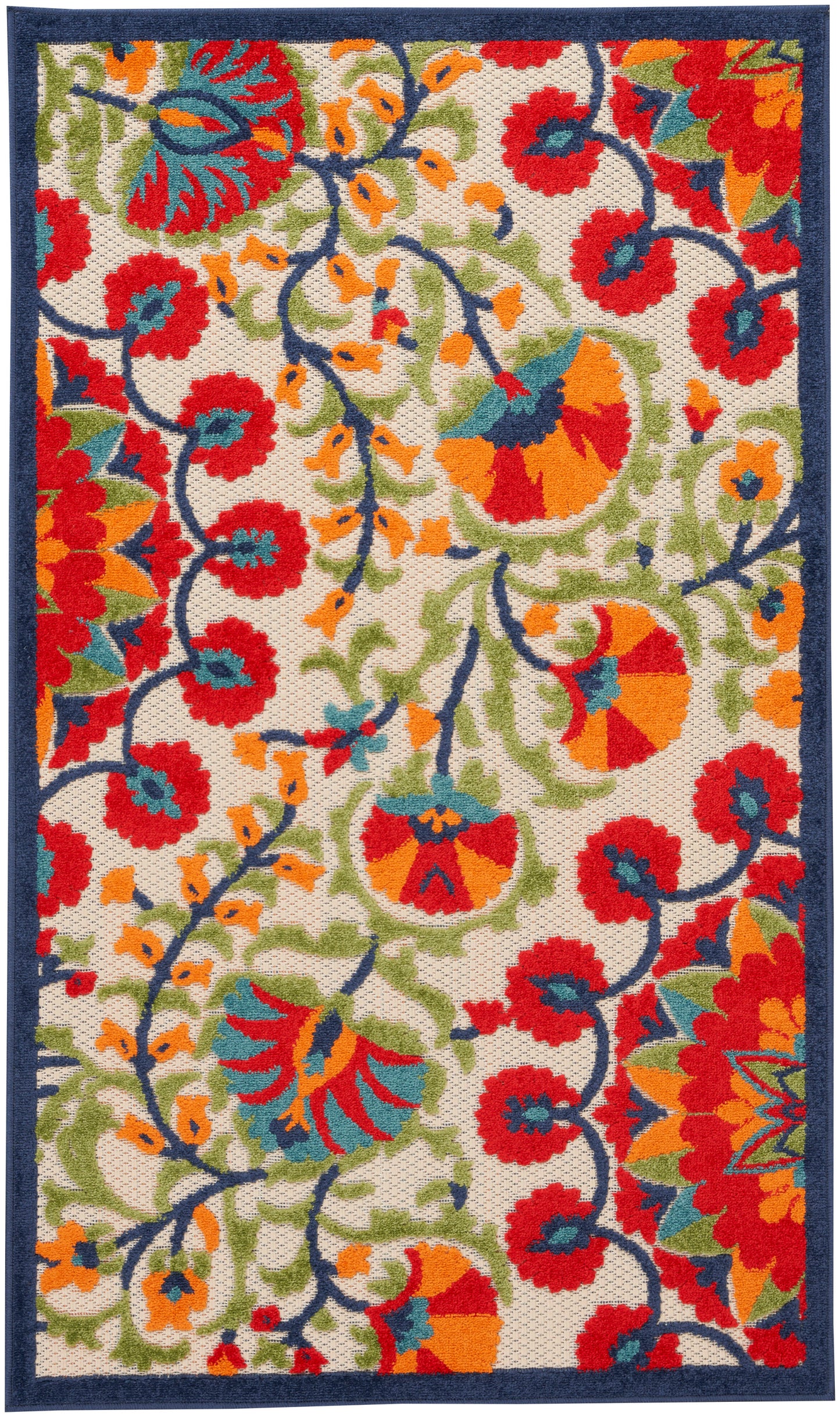 Vibrant floral area rug with red, orange, blue and green flowers on cream with a navy border.