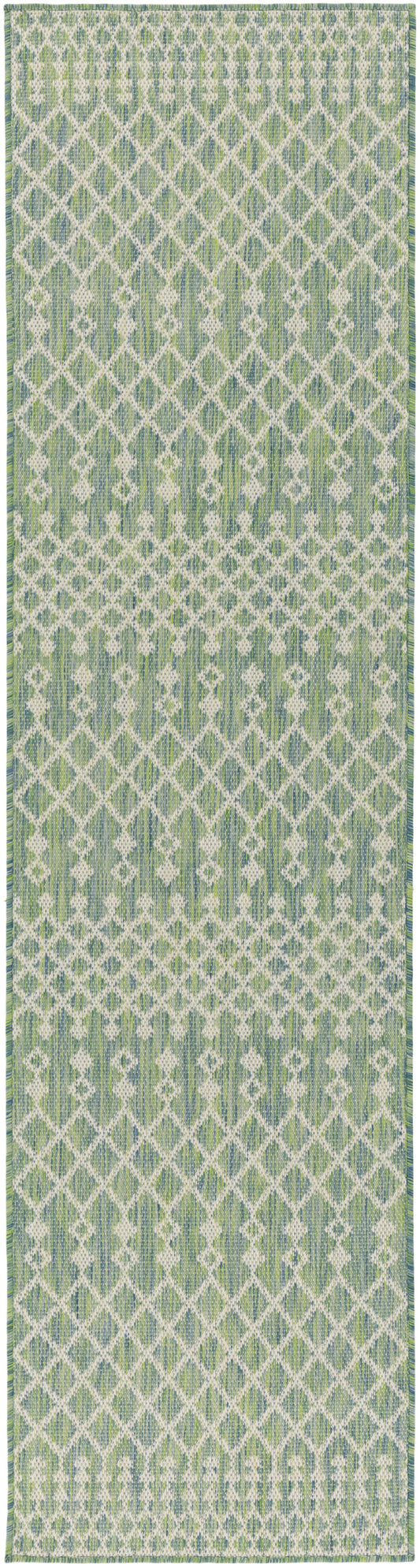 Long rectangular woven rug runner in green and blue with a white diamond lattice pattern and subtle border.