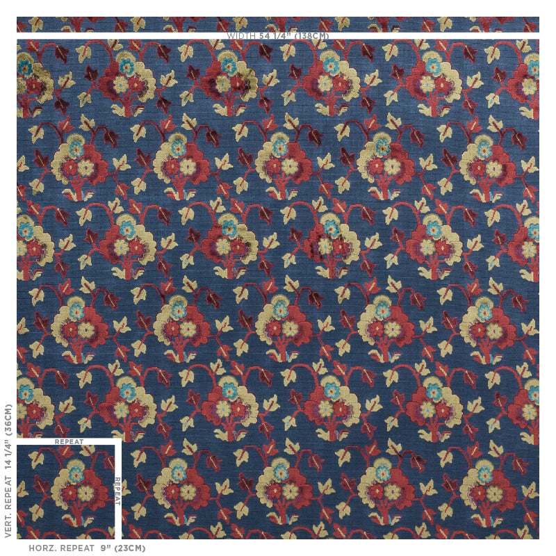 Dark blue velvet fabric with a repeating red, cream and teal floral bouquet pattern connected by vines.