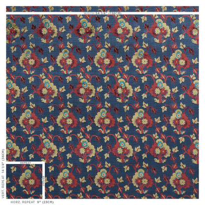 Dark blue velvet fabric with a repeating red, cream and teal floral bouquet pattern connected by vines.