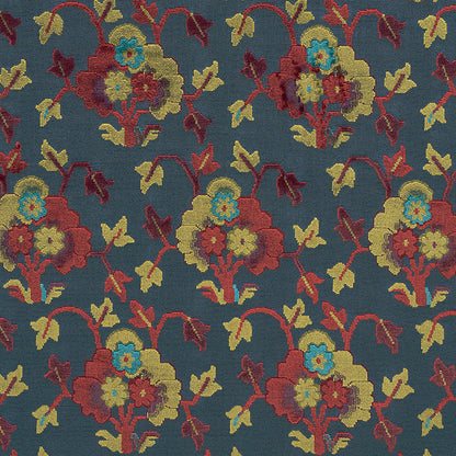 Navy blue velvet fabric with a damask-style floral pattern featuring red, yellow, teal flowers and green leaves.