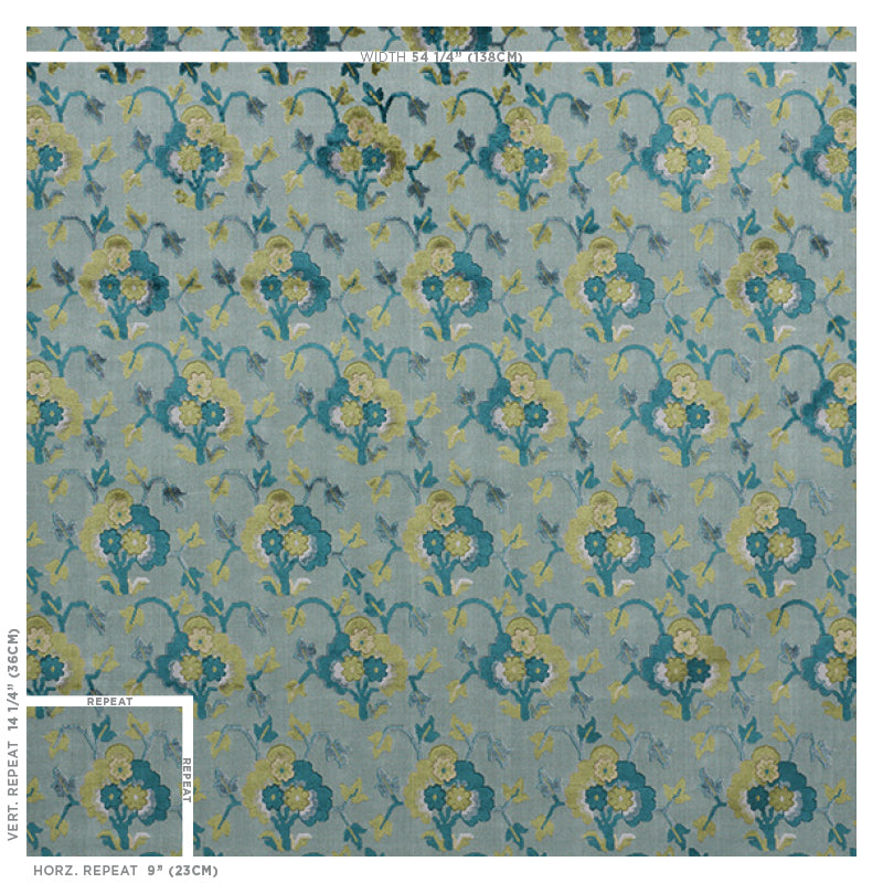 Blue, teal & yellow floral damask velvet fabric on gray-blue background; vintage botanical textile.