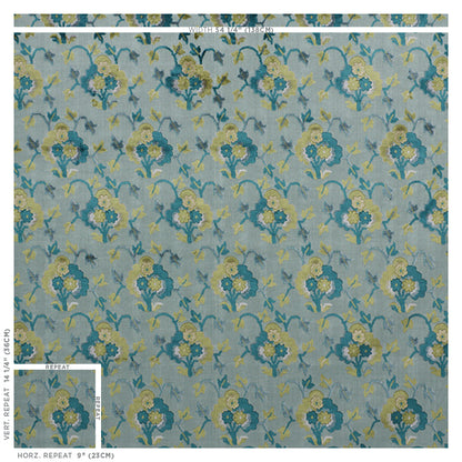 Blue, teal & yellow floral damask velvet fabric on gray-blue background; vintage botanical textile.