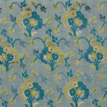 Velvet fabric in peacock and celadon with a cut-and-patterned jacquard motif.