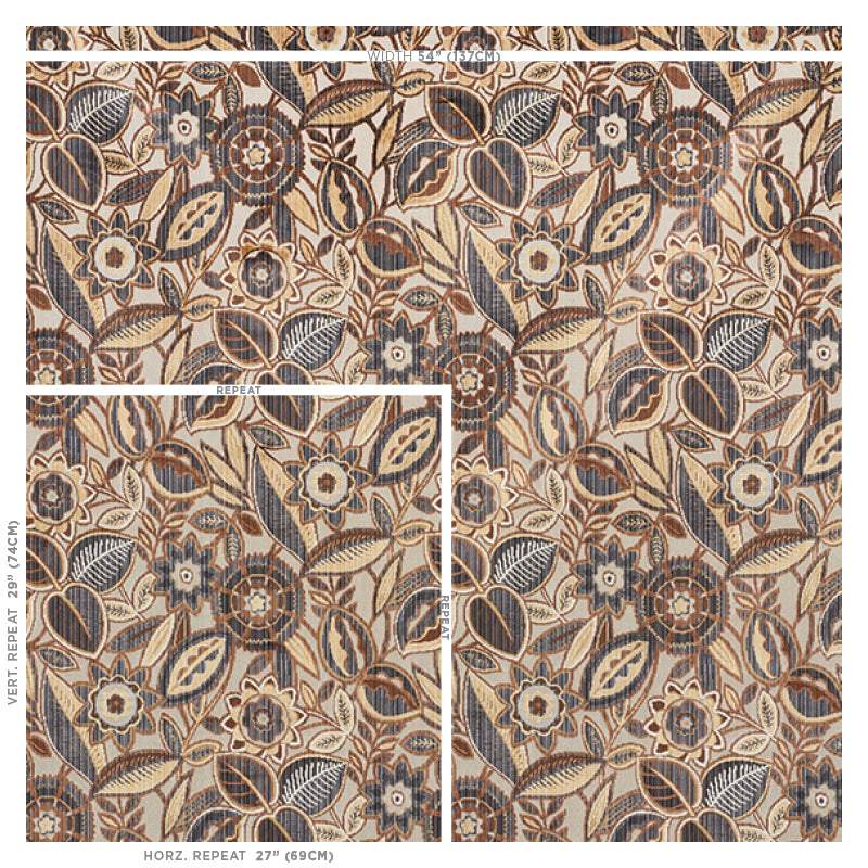 Beige velvet fabric with a brown and navy floral garland pattern; intricate repeating leaves and flowers in a vintage botanical style.