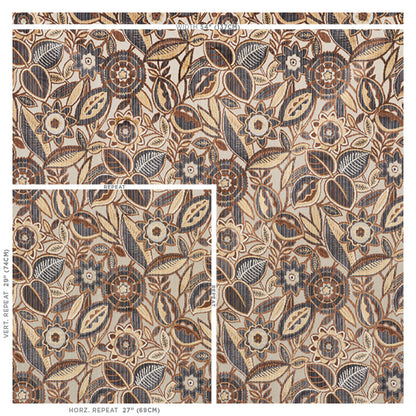 Beige velvet fabric with a brown and navy floral garland pattern; intricate repeating leaves and flowers in a vintage botanical style.