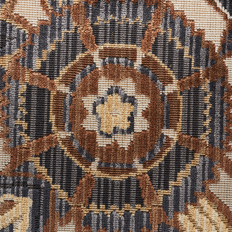 Woven rug with a circular central medallion in browns, creams and grays, geometric starburst motif.