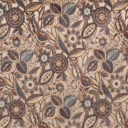 Beige, blue and brown floral woven upholstery fabric with vines and blossoms, textured tapestry style.