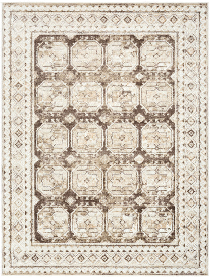 Rectangular vintage-style area rug in cream and brown with a repeating octagonal medallion grid and ornate borders.
