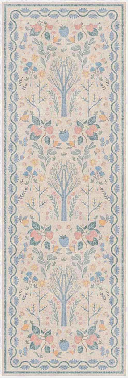 Pastel botanical tapestry runner: cream field, blue border, repeating trees & pink, blue, yellow flowers.