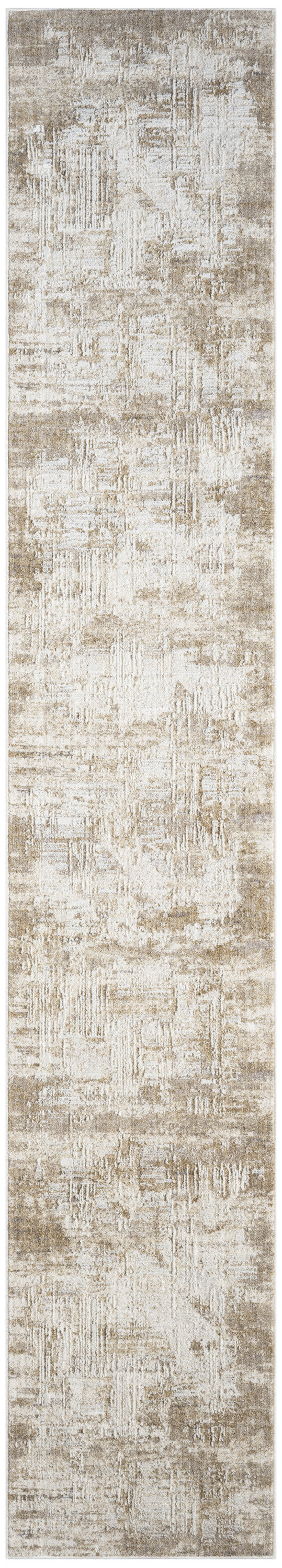Abstract beige and ivory long runner rug with a distressed, textured pattern.