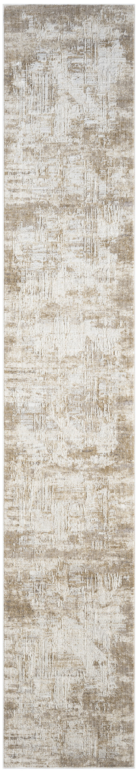 Abstract beige and ivory long runner rug with a distressed, textured pattern.