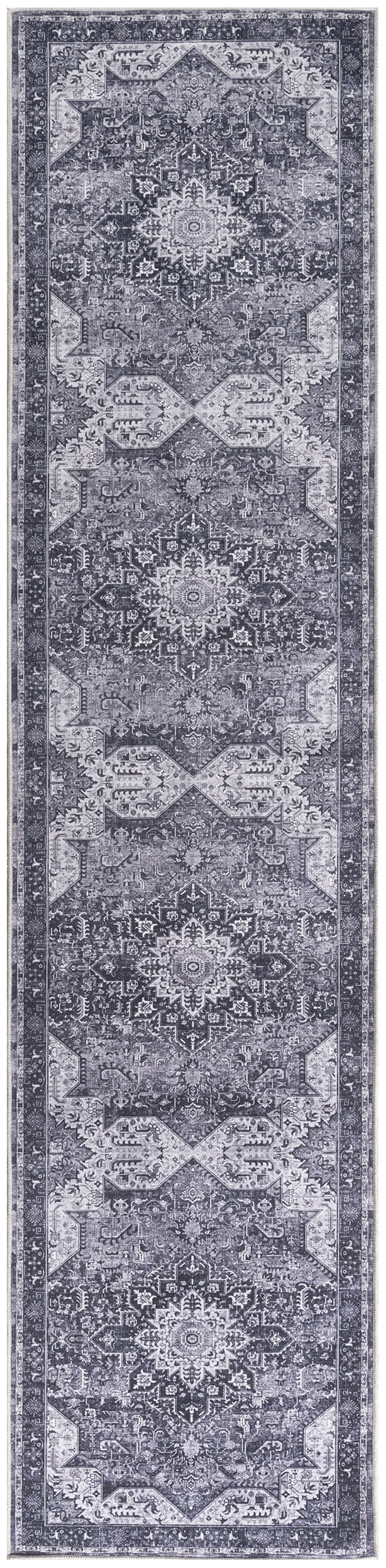 Navy blue and gray distressed Persian-style rug runner with repeated central medallions and ornate border.