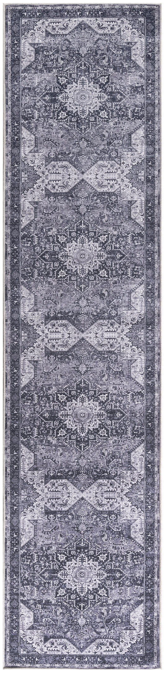Navy blue and gray distressed Persian-style rug runner with repeated central medallions and ornate border.