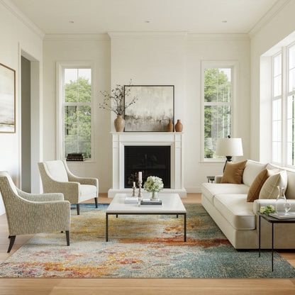 Bright living room with white fireplace, beige sofa, gray armchairs, white coffee table, abstract art, and a multicolor rug.
