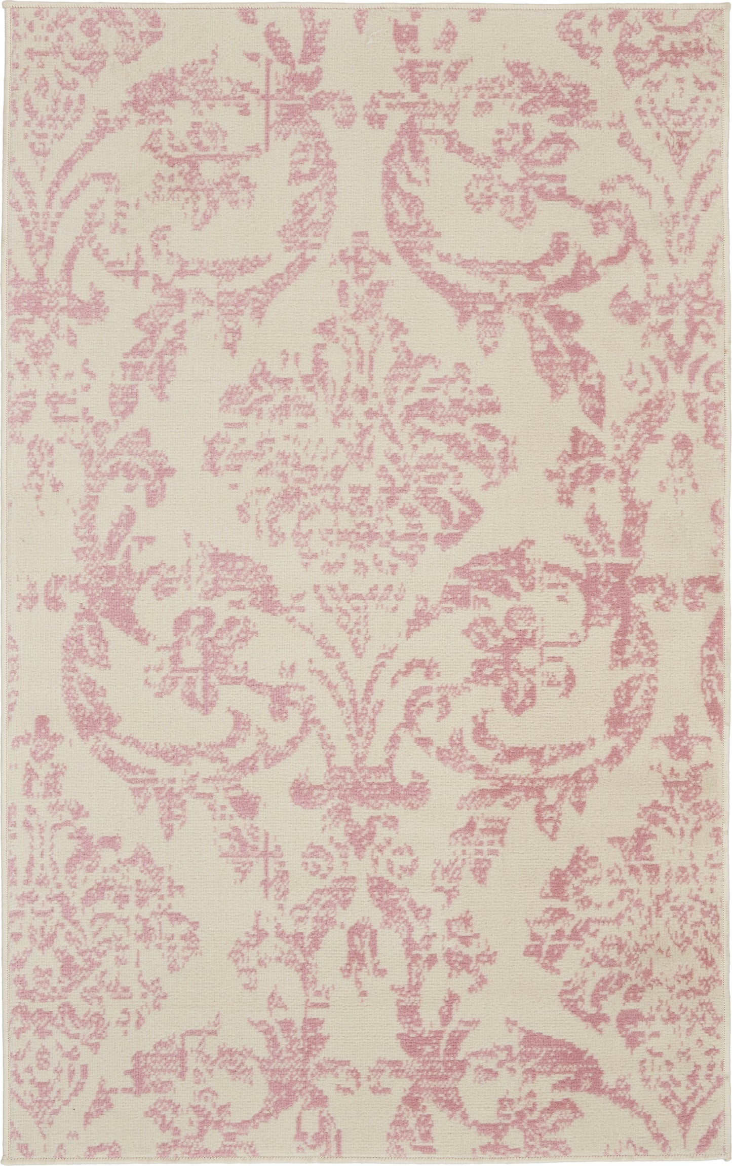 Cream rug with blush pink damask pattern and scrolling floral motifs, elegant vintage styling.