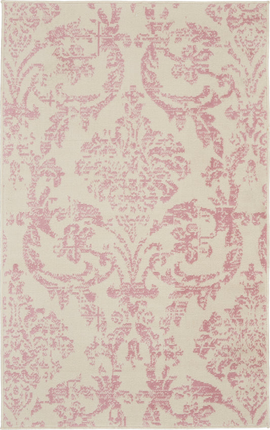 Cream rug with blush pink damask pattern and scrolling floral motifs, elegant vintage styling.