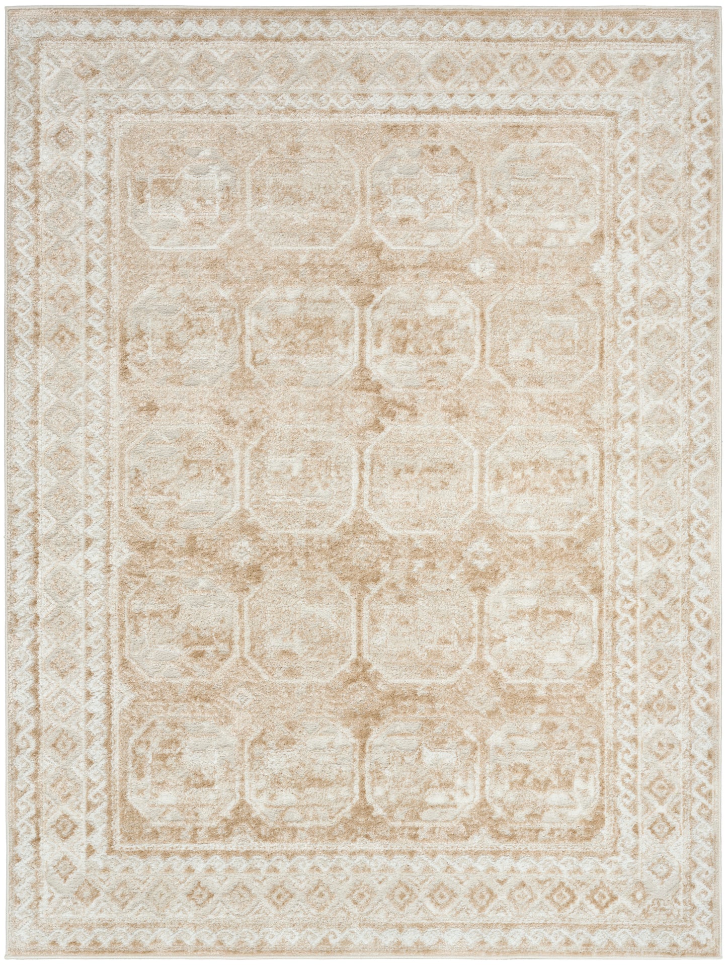 Beige cream oriental rug with subtle lattice medallion pattern and ornate border; soft woven living room accent.