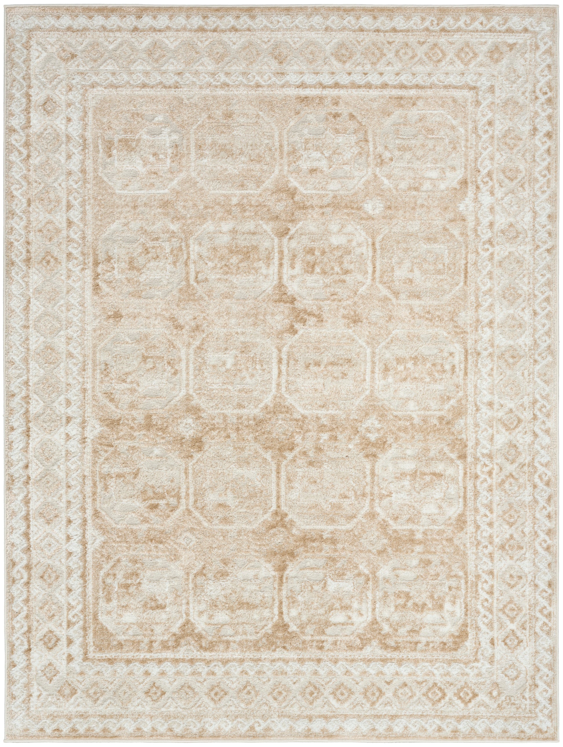 Beige cream oriental rug with subtle lattice medallion pattern and ornate border; soft woven living room accent.