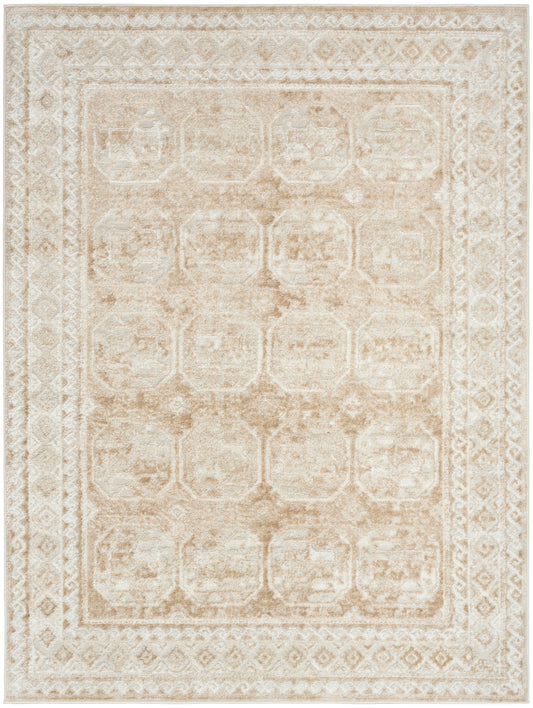 Beige cream oriental rug with subtle lattice medallion pattern and ornate border; soft woven living room accent.