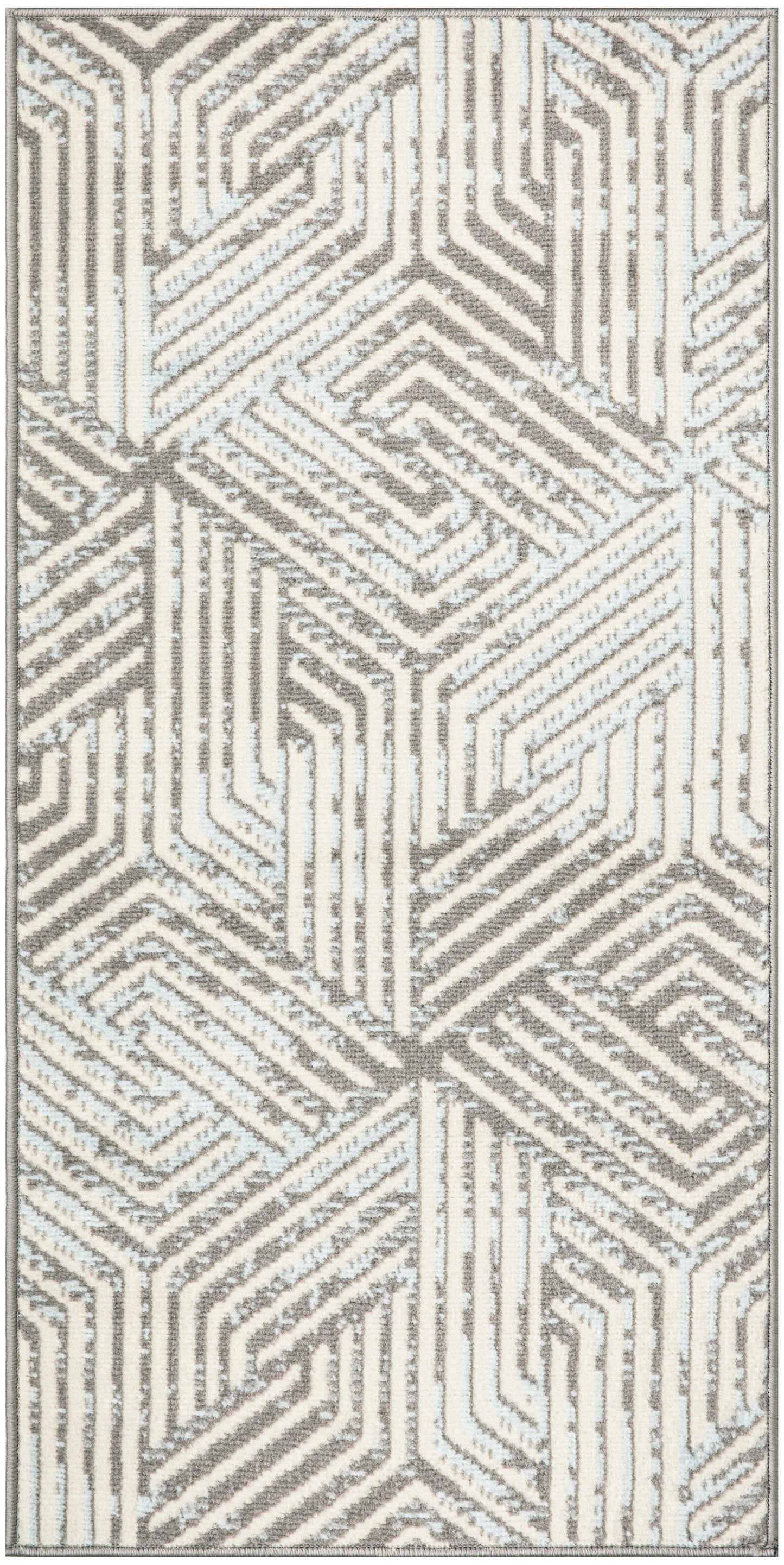 Rectangular area rug featuring beige, taupe and pale blue geometric maze pattern.