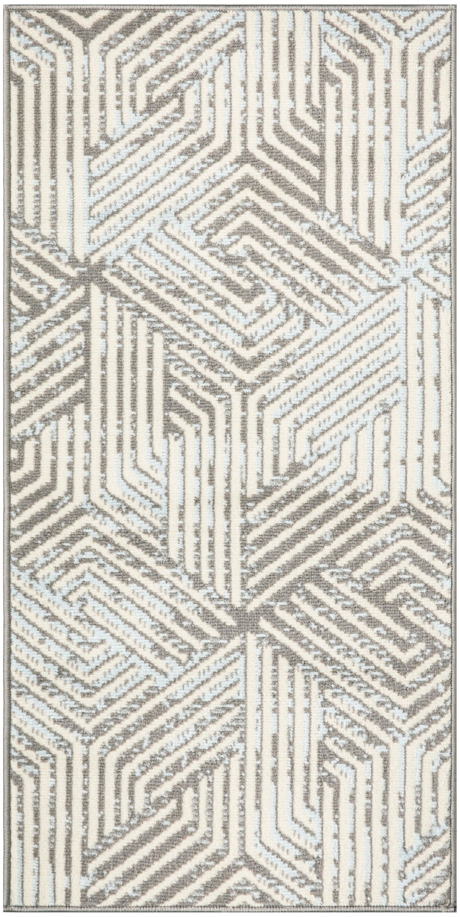 Rectangular area rug featuring beige, taupe and pale blue geometric maze pattern.