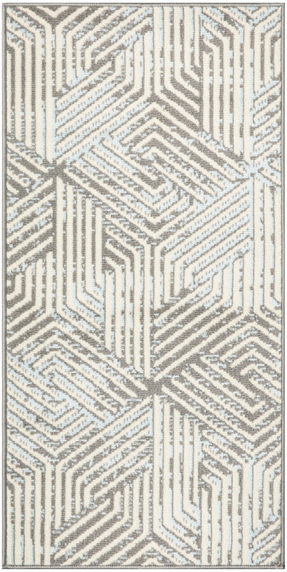 Rectangular area rug featuring beige, taupe and pale blue geometric maze pattern.