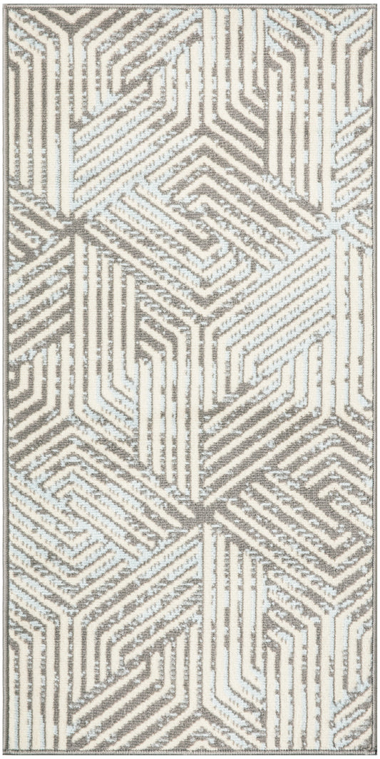 Rectangular area rug featuring beige, taupe and pale blue geometric maze pattern.