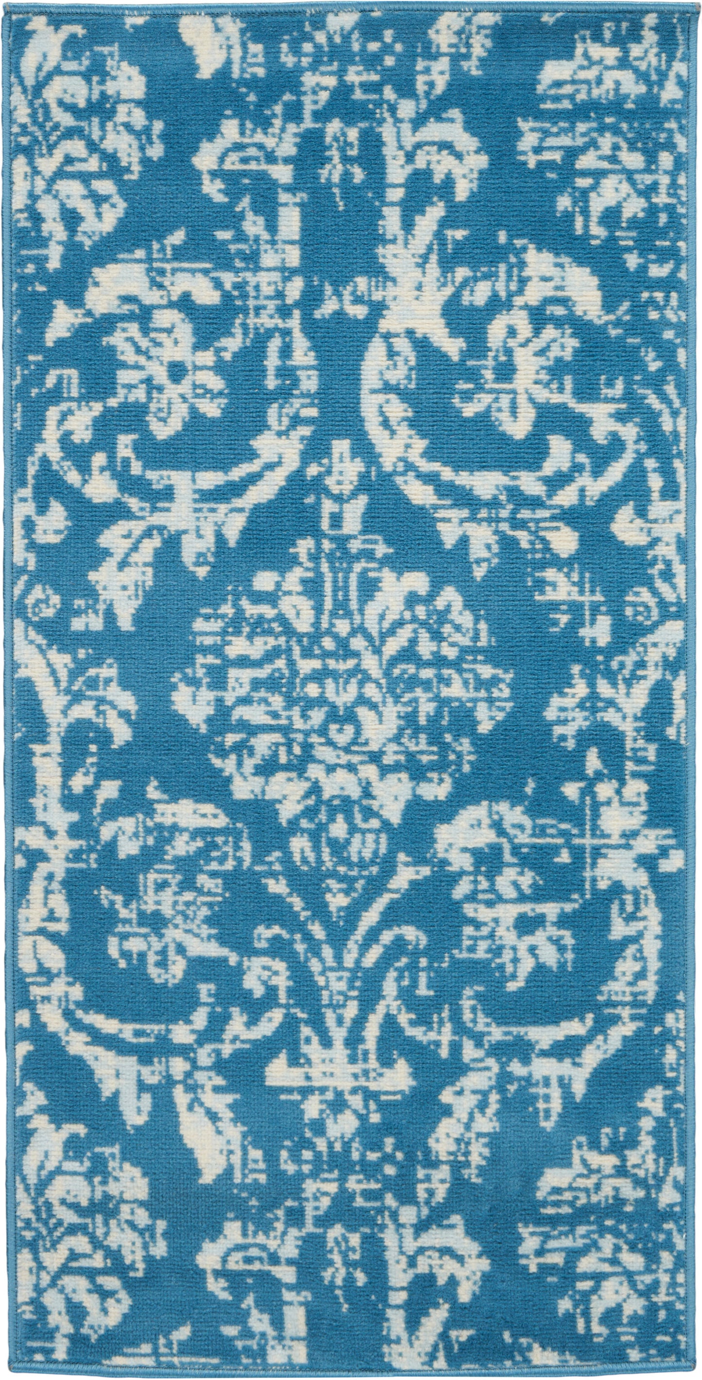 Blue and white ornate damask area rug, 2' x 4', rectangular, soft textured decorative floor covering for living spaces.