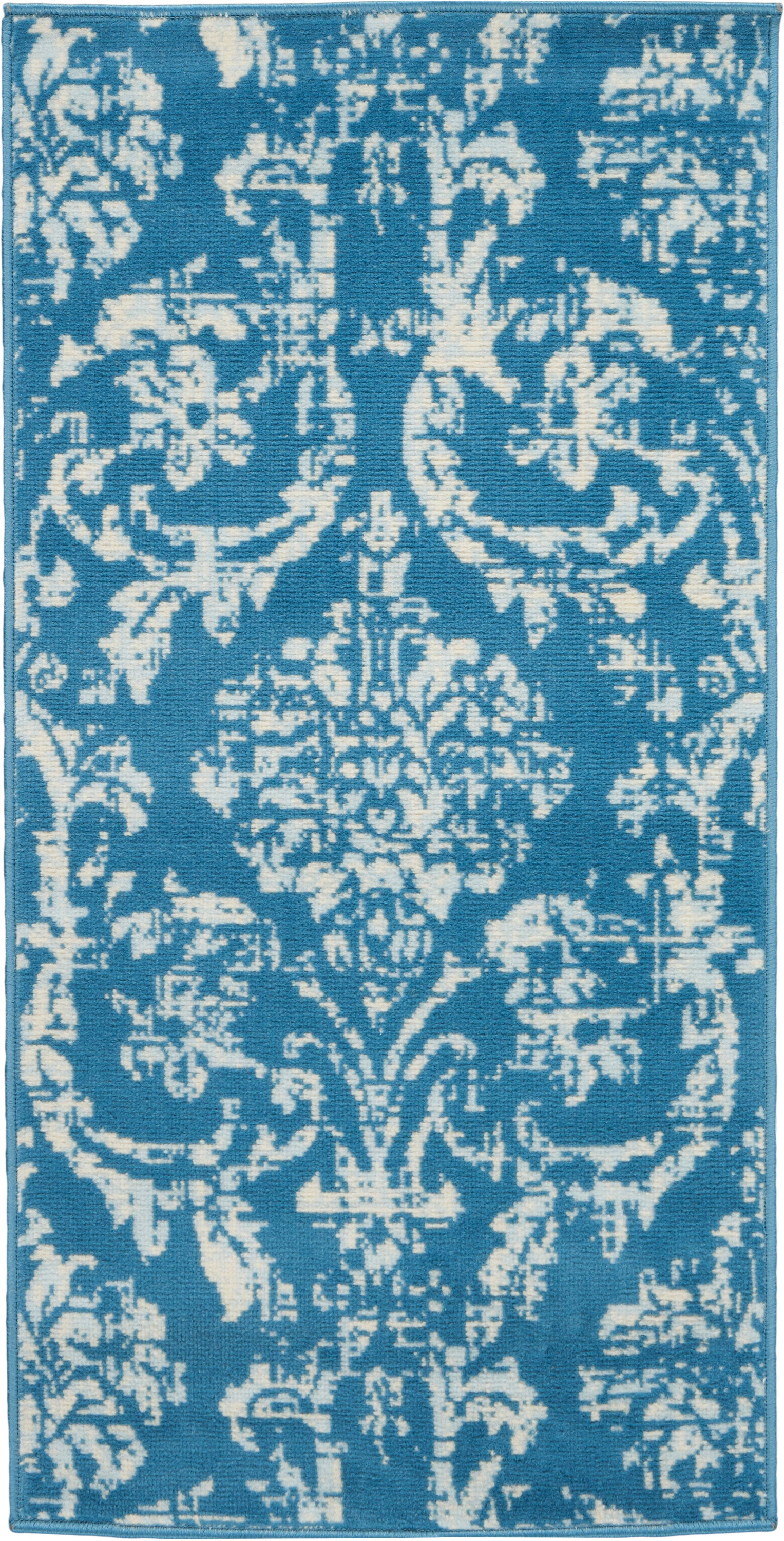 Blue and white ornate damask area rug, 2' x 4', rectangular, soft textured decorative floor covering for living spaces.