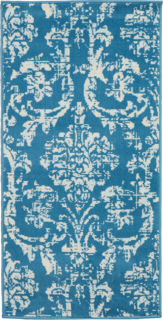 Blue and white ornate damask area rug, 2' x 4', rectangular, soft textured decorative floor covering for living spaces.