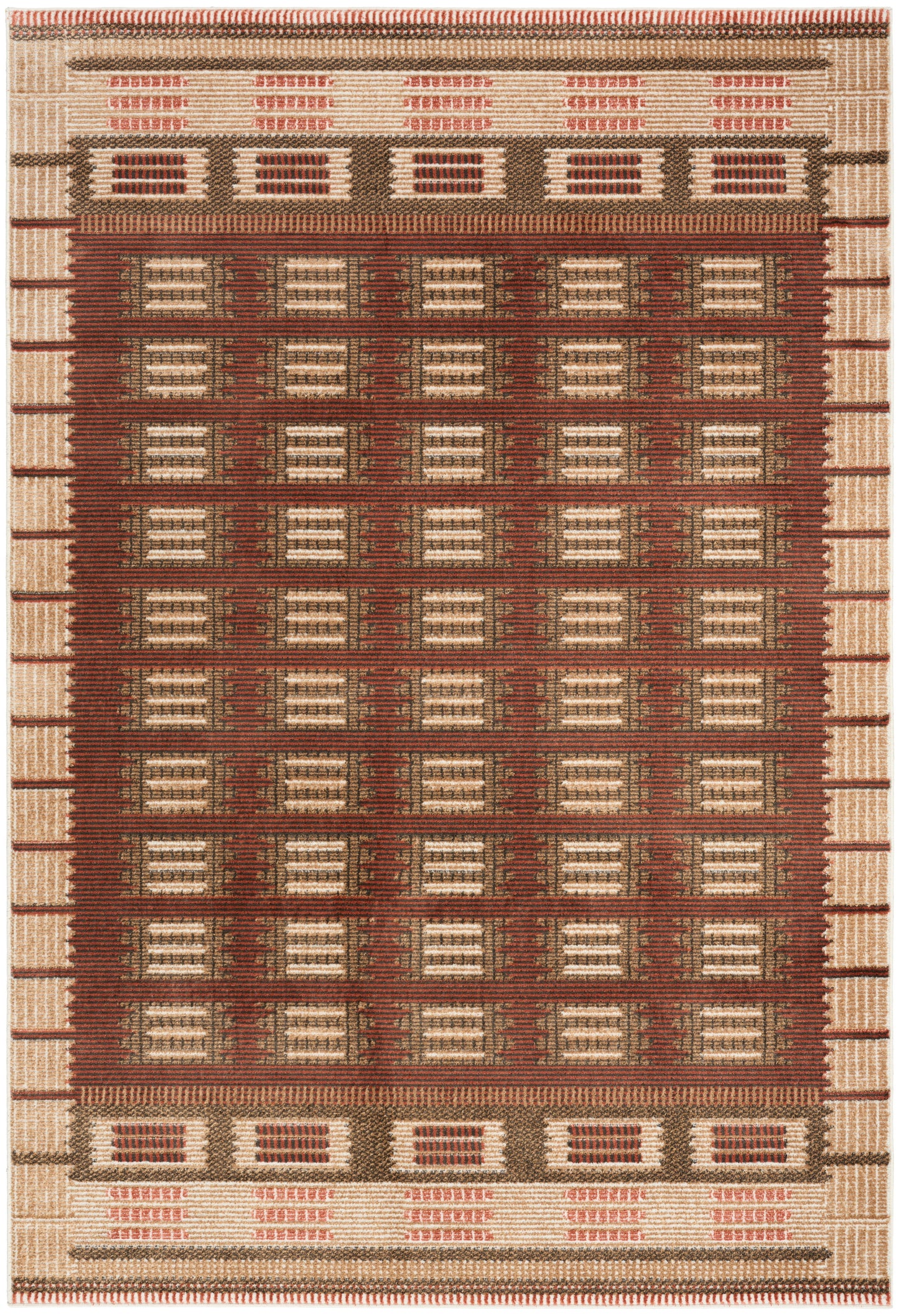 Rectangular kilim-style wool rug with brown, rust & beige geometric squares and border; warm, tribal floor decor.