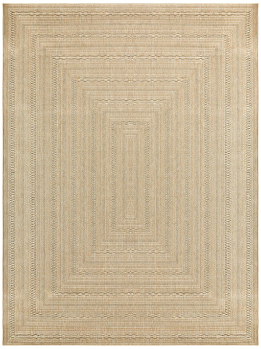 Beige outdoor woven area rug with concentric square border pattern and textured geometric weave.