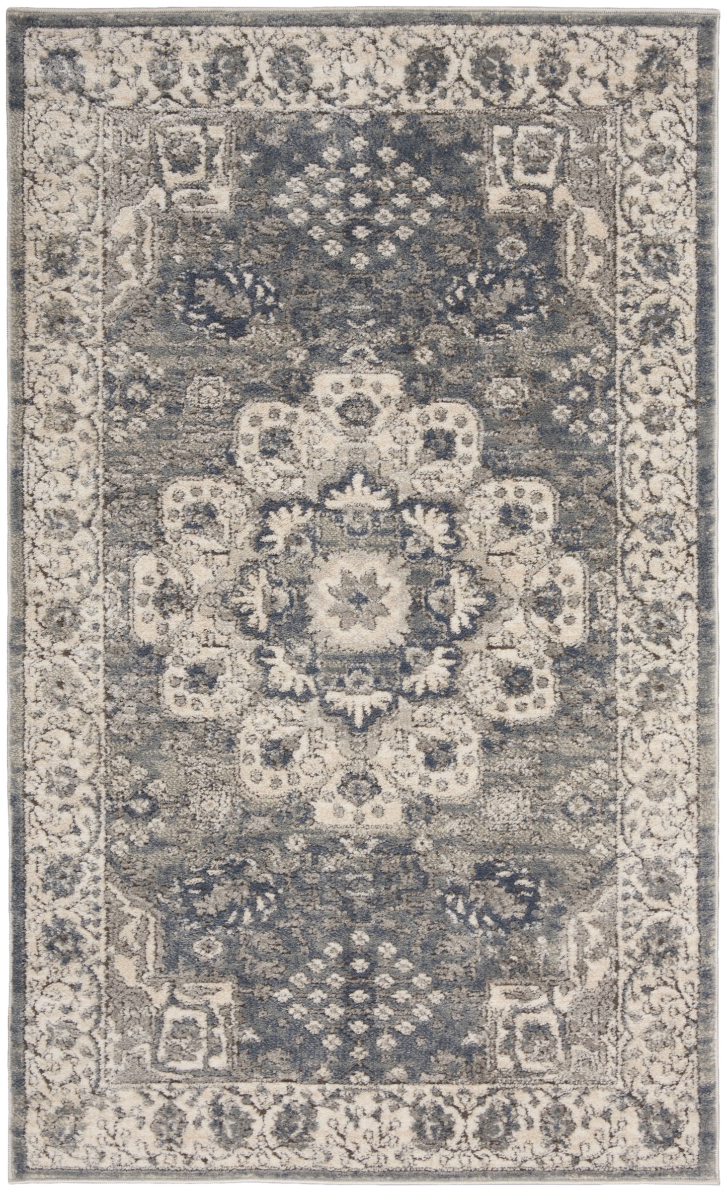 Blue-gray oriental rug with ivory border and central floral medallion; traditional Persian style, for living room.